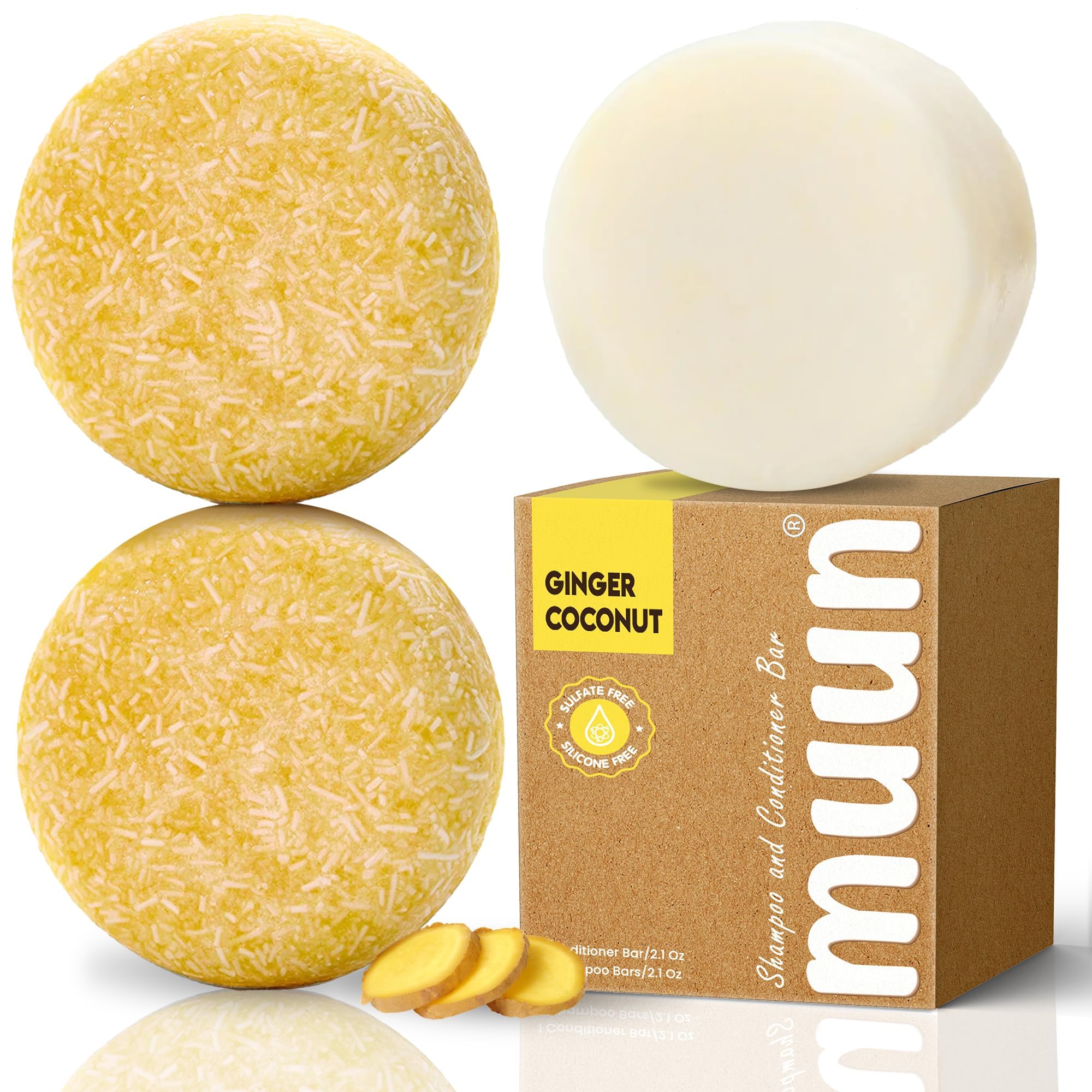 Muun Ginger Shampoo and Conditioner Bar Pack 3 - Hair Growth & Regrowth, Anti Hair Loss, Strengthen & Volumize, pH Balanced - Sulfate & Silicone Free For All Hair Type - Solid Soap for Travel